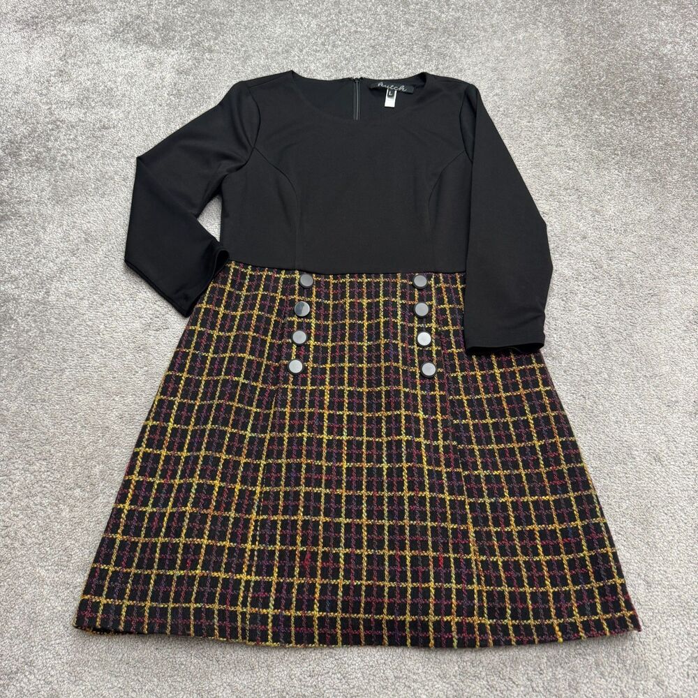 Hutch A-Line Dress Womens large Black Brown Plaid Tweed Long Sleeve Knee Length